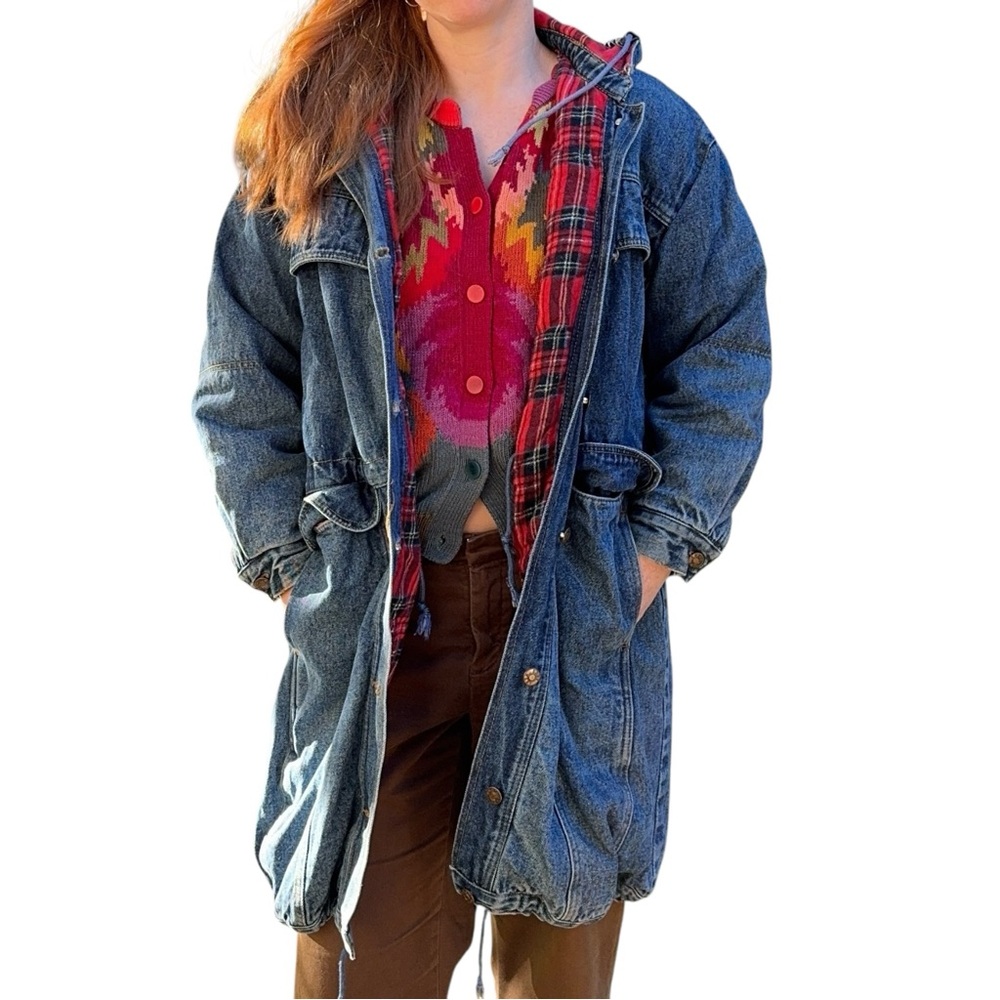 Vintage Denim Chore Coat Flannel Lined Hooded